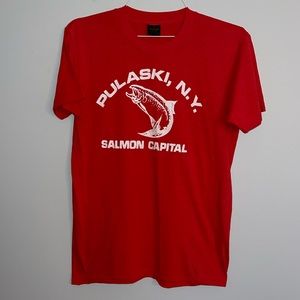 Vintage Single Stitch Red Pulaski NY Salmon Capital Touch of Gold USA Large